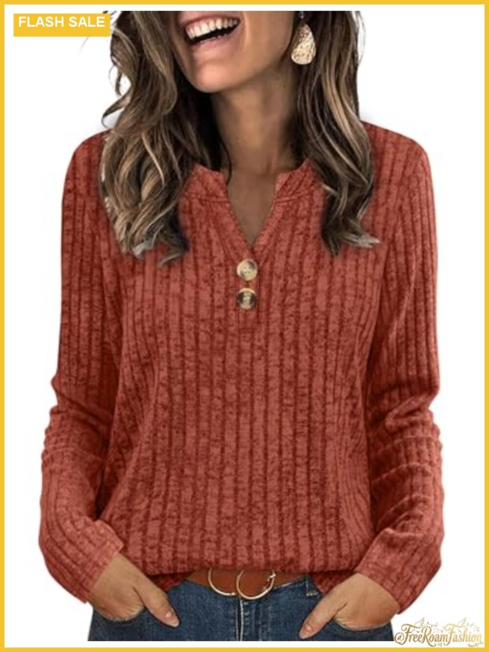 V Neck Button Sweater Lightweight Long Sleeve Tunic Top